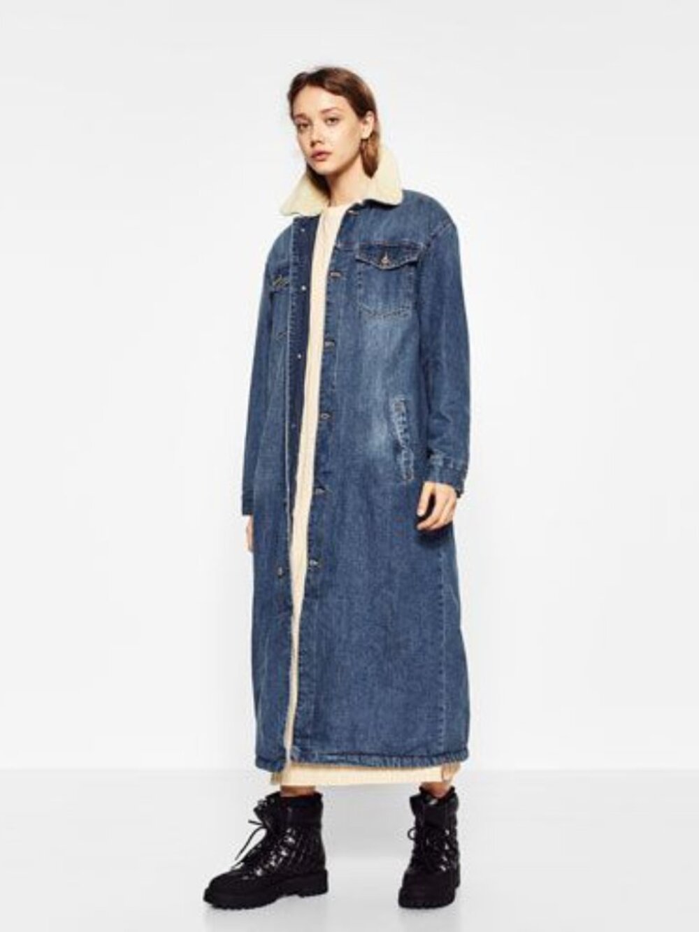 Zara Long Shearling Denim Coat Size XS